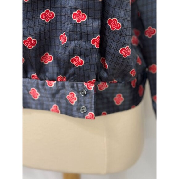 Christian Dior Vintage Satin Blouse Blue Red Print Long Slv Banded Waist Size 8 - Picture 5 of 11